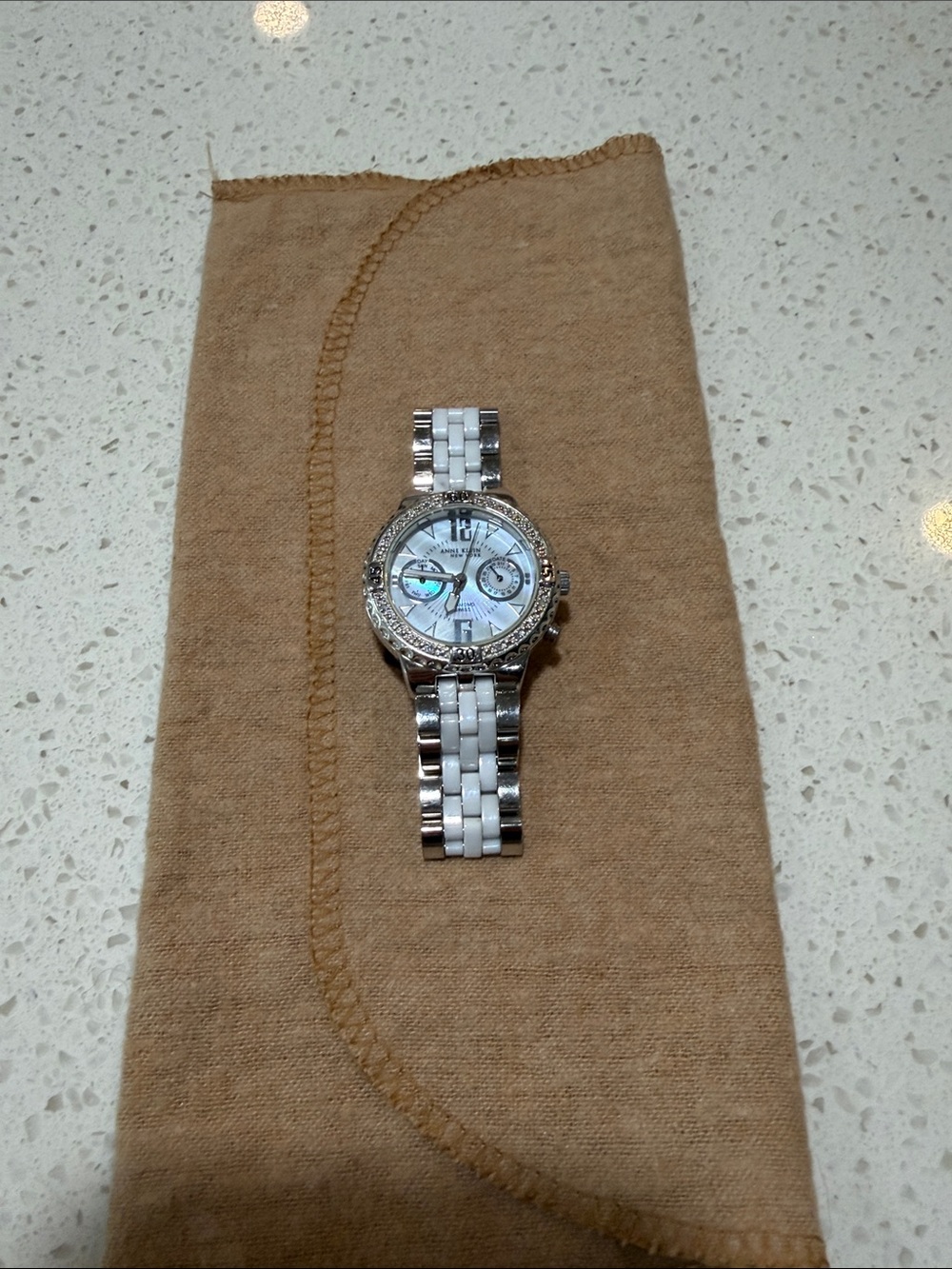 Anne Klein Silver and White Ceramic Link Chronograph Watch